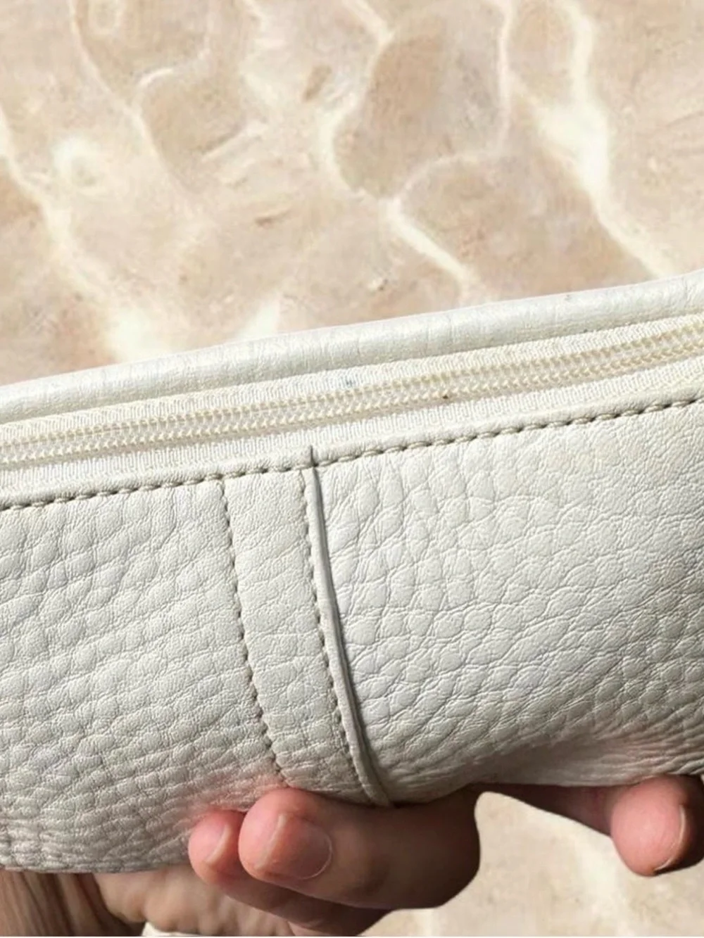 Coach Soho White Pebbled Leather Wristlet Wallet with Tan Buckle Accent
